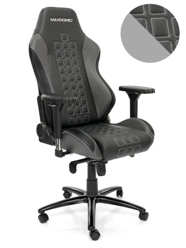 eSports chair model QUADCEPTOR Pro from Maxnomic® in Slightly Silver. A black office chair with square stitching, silver seams and design-protected Maxnomic® 4D armrests.