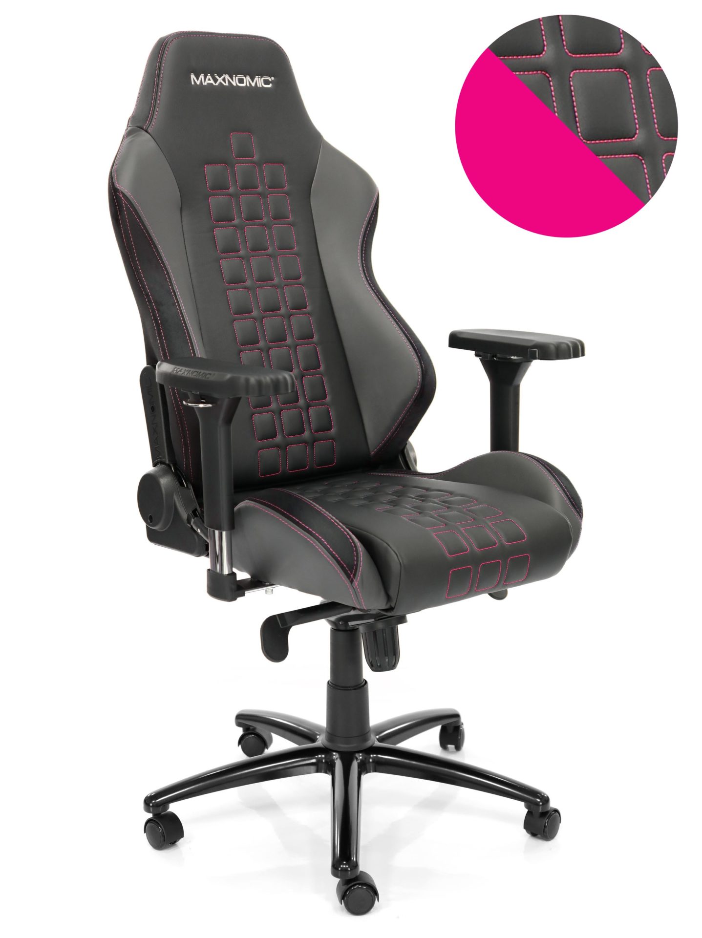 eSports chair model QUADCEPTOR Pro from Maxnomic® in Rasberry Red. A black office chair with square stitching, red seams and design-protected Maxnomic® 4D armrests.