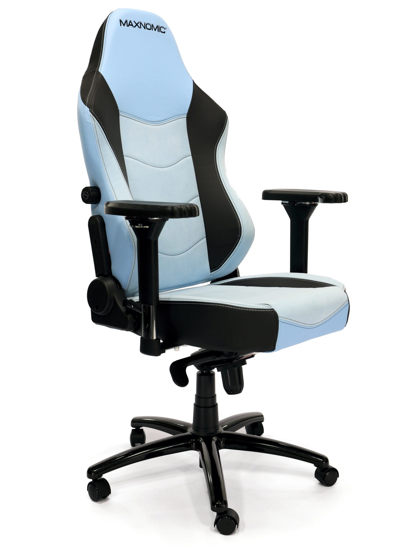 Office chair model Maxnomic® Leader Executive Edition in Light Blue. Pastel blue office chair with microfiber and imitation leather upholstery, black accents and integrated lumbar support.